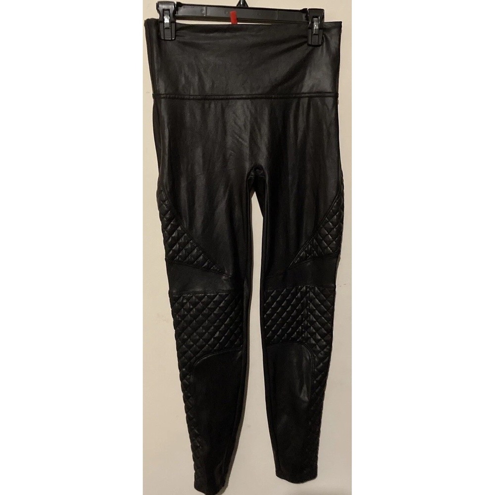 Spanx Leggings Women's Large Faux Leather Moto Black High Rise Stretch 28x26